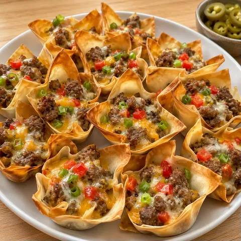 Cheesy sausage wonton cups with peppers and green onions on a platter