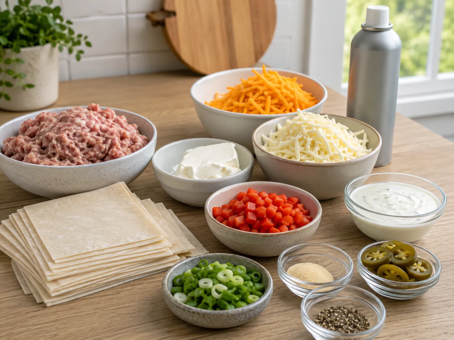 Ingredients for cheesy sausage wonton cups arranged on a wooden surface