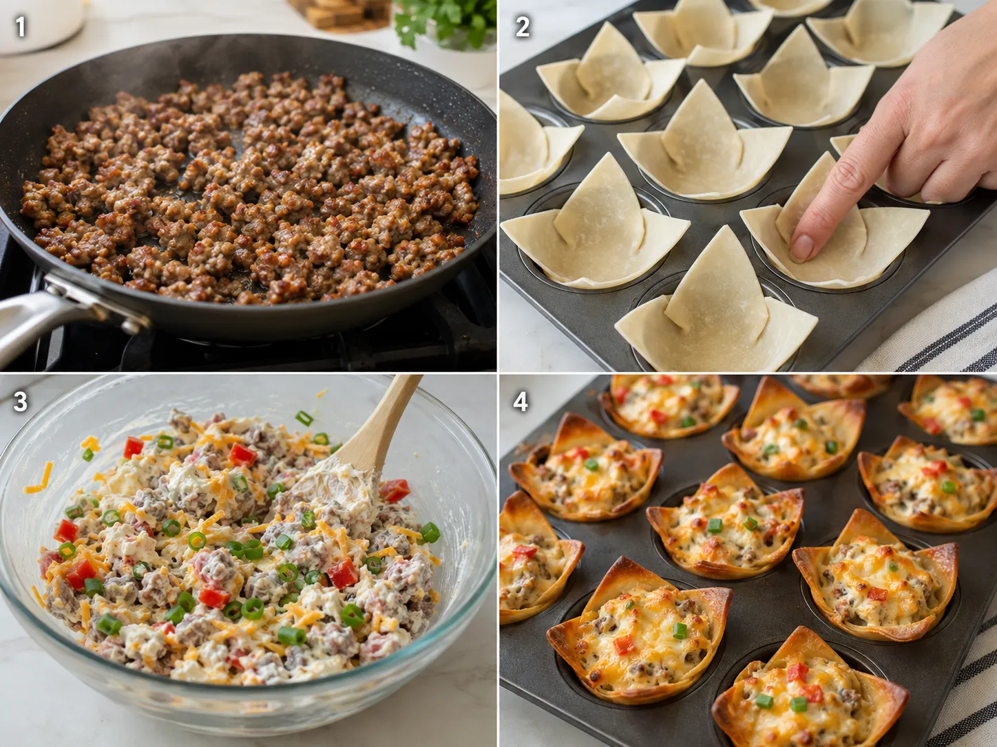 Four cooking steps for cheesy sausage wonton cups in a mini muffin tin