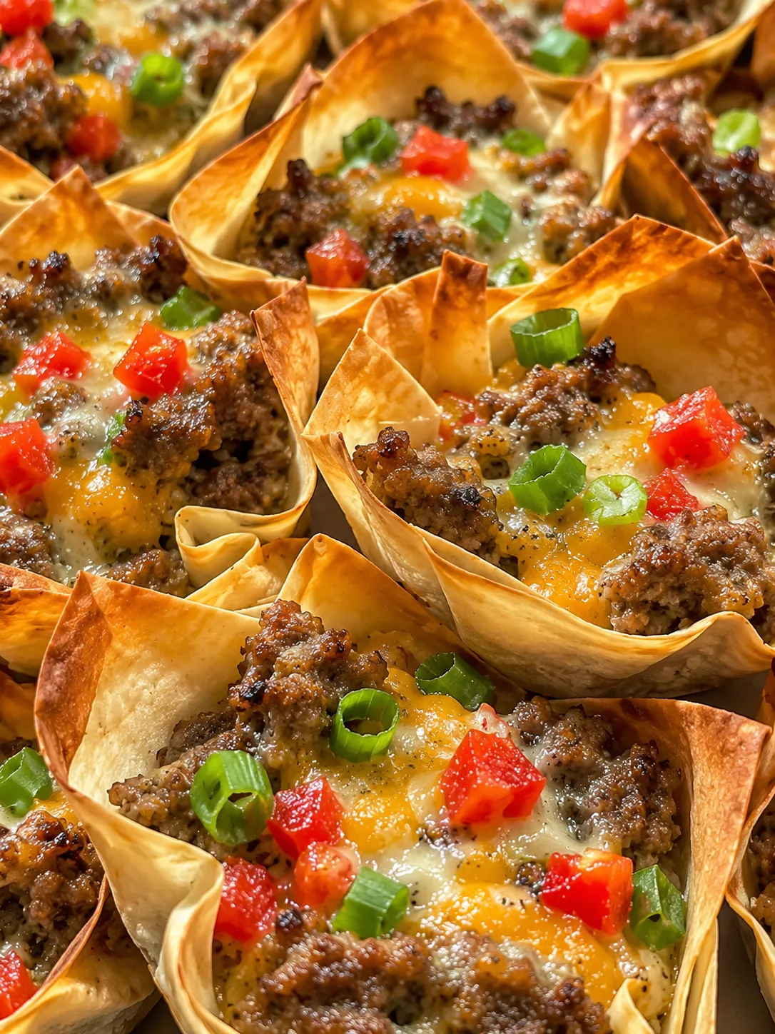 Cheesy sausage wonton cups with melted cheddar and green onion garnish