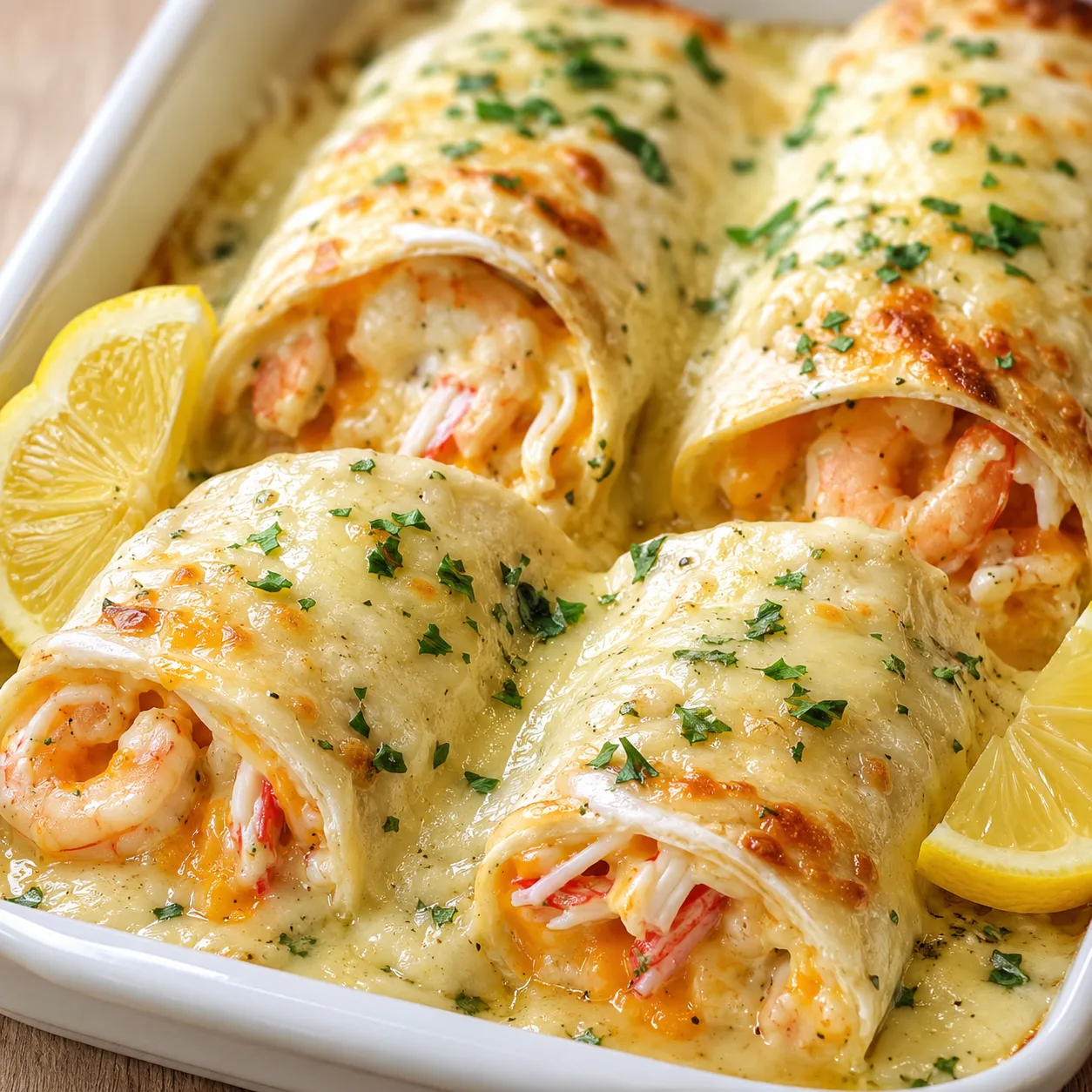 Cheesy seafood tortilla bombs with parsley and lemon in a baking dish