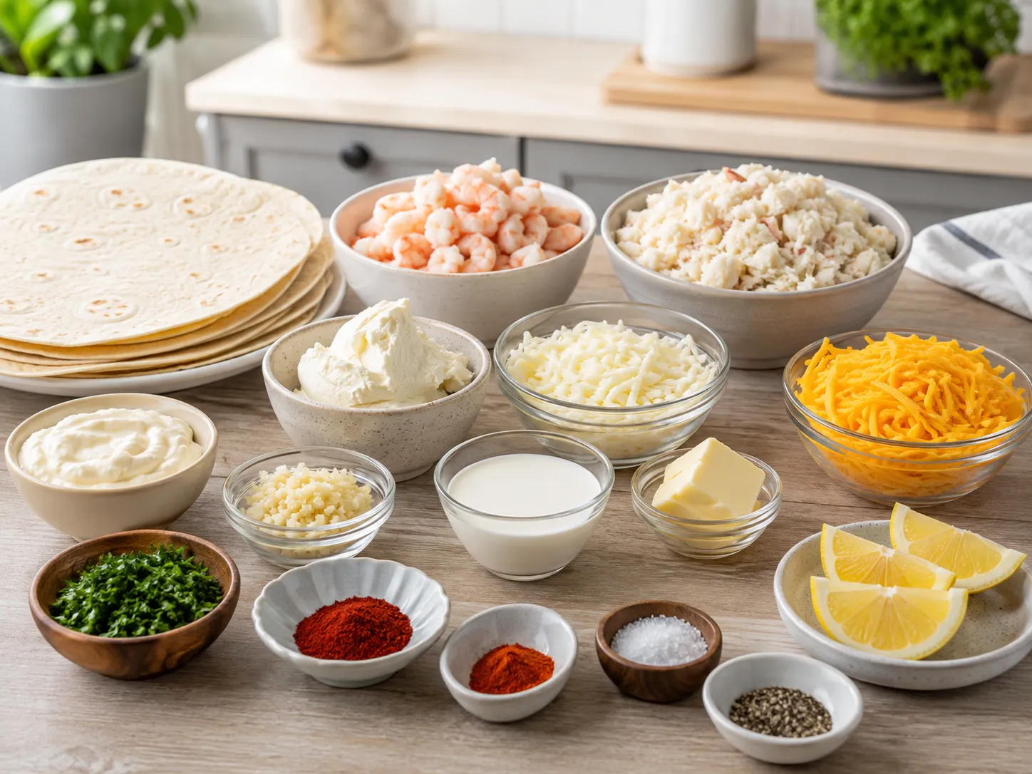 Ingredients for cheesy seafood tortilla bombs with shrimp, crab, and cheeses
