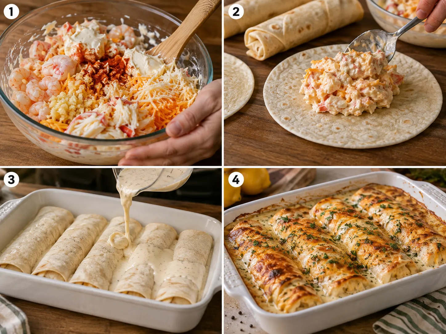 Four steps for making cheesy seafood tortilla bombs from filling to baking
