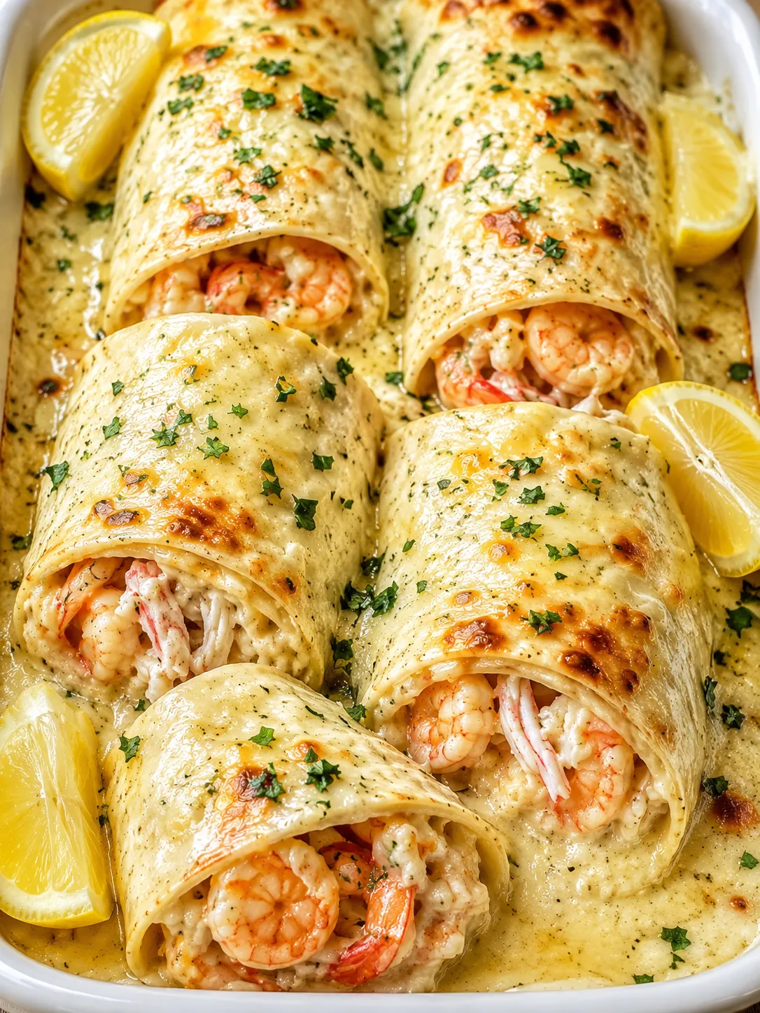 Creamy cheesy seafood tortilla bombs with shrimp, crab, parsley, and lemon