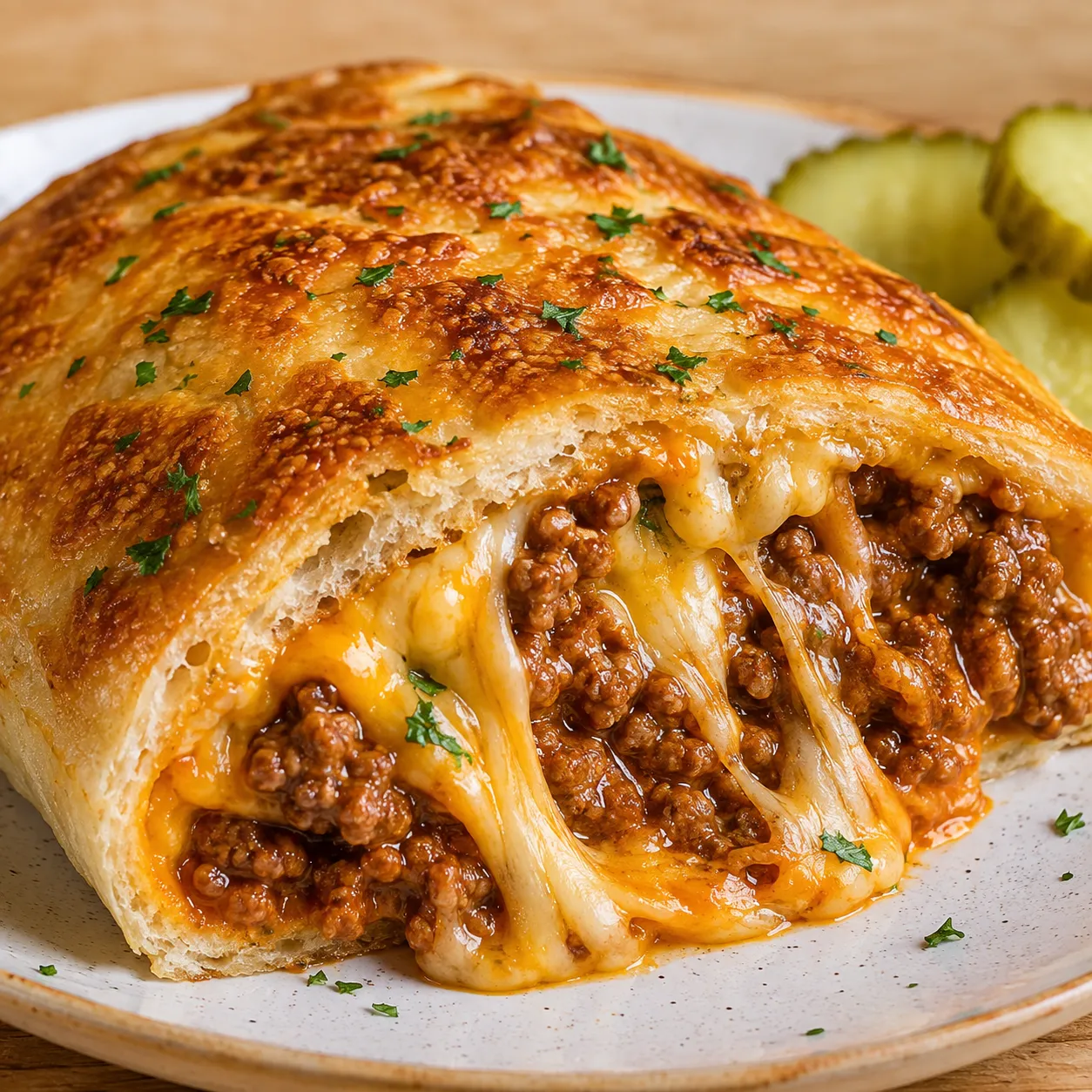 Cheesy sloppy joe stromboli slices with saucy beef and melted cheese