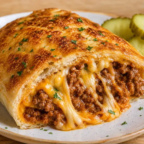 Cheesy sloppy joe stromboli slices with saucy beef and melted cheese