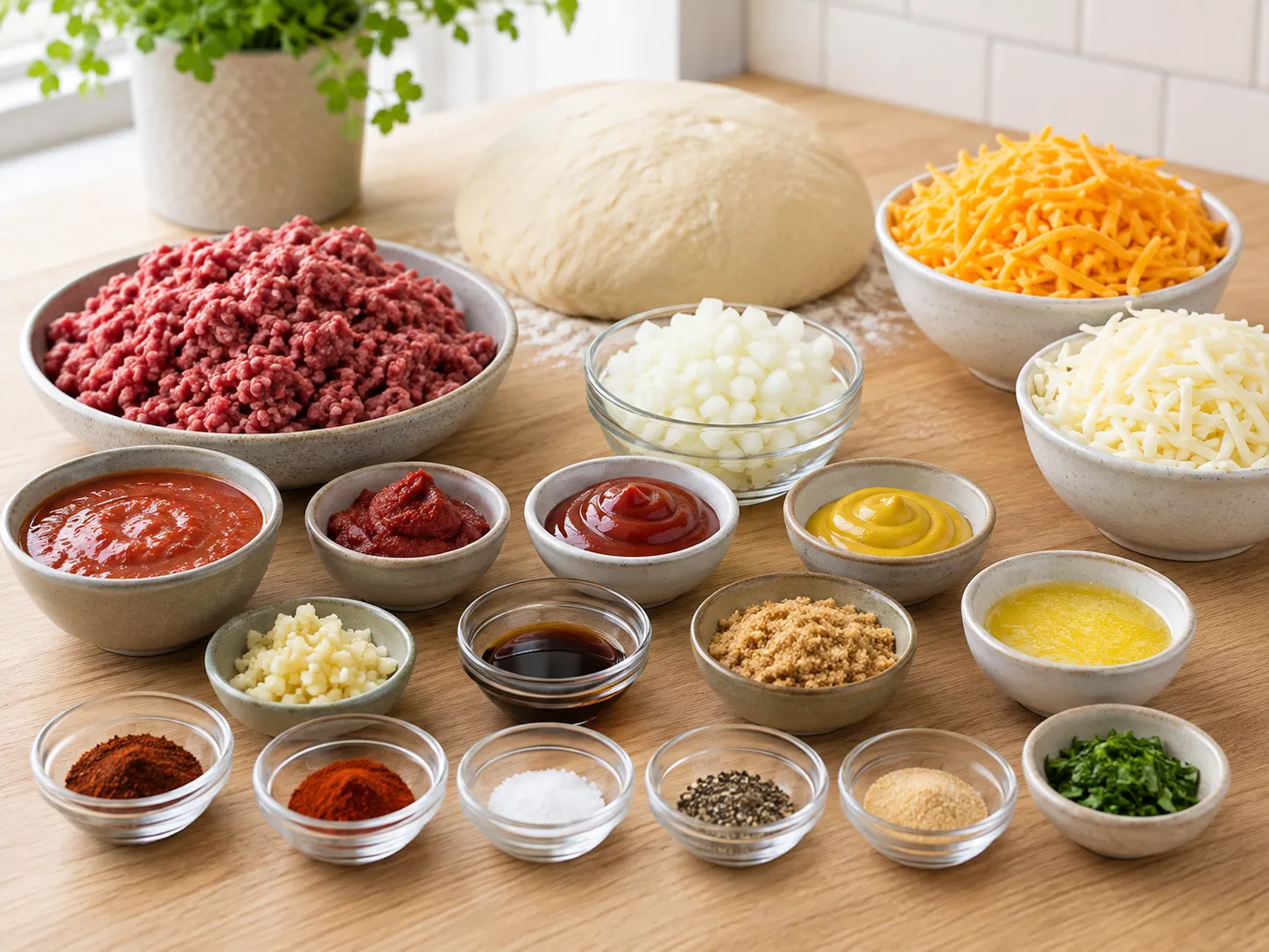 Ingredients for cheesy sloppy joe stromboli with beef, dough, sauce, and cheese