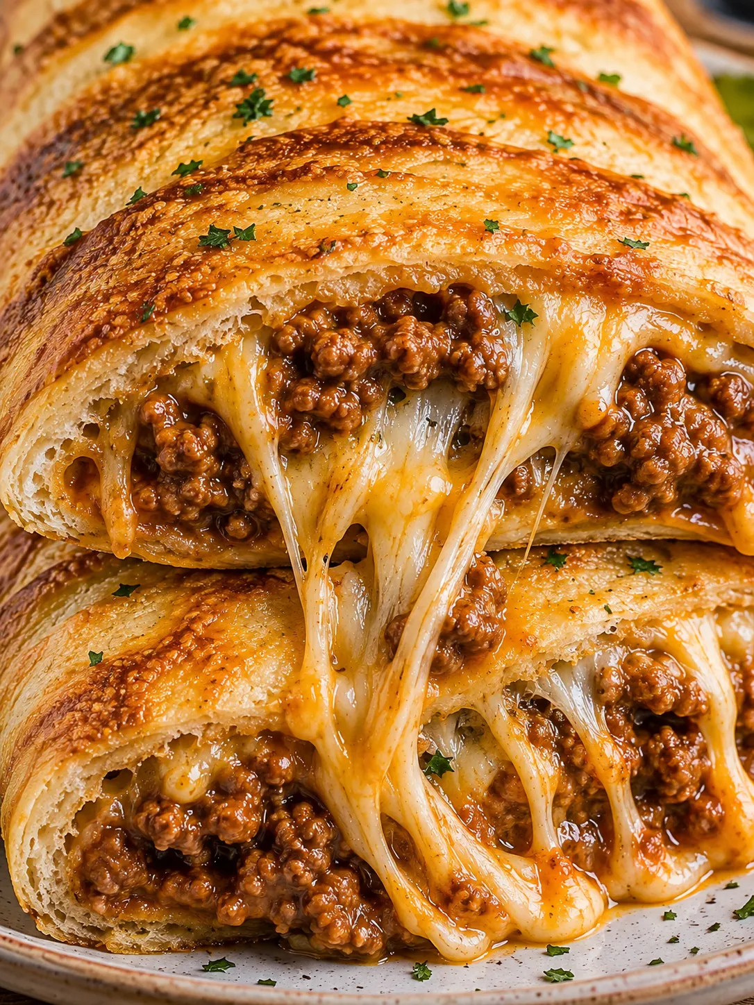 Golden cheesy sloppy joe stromboli slices with saucy beef filling