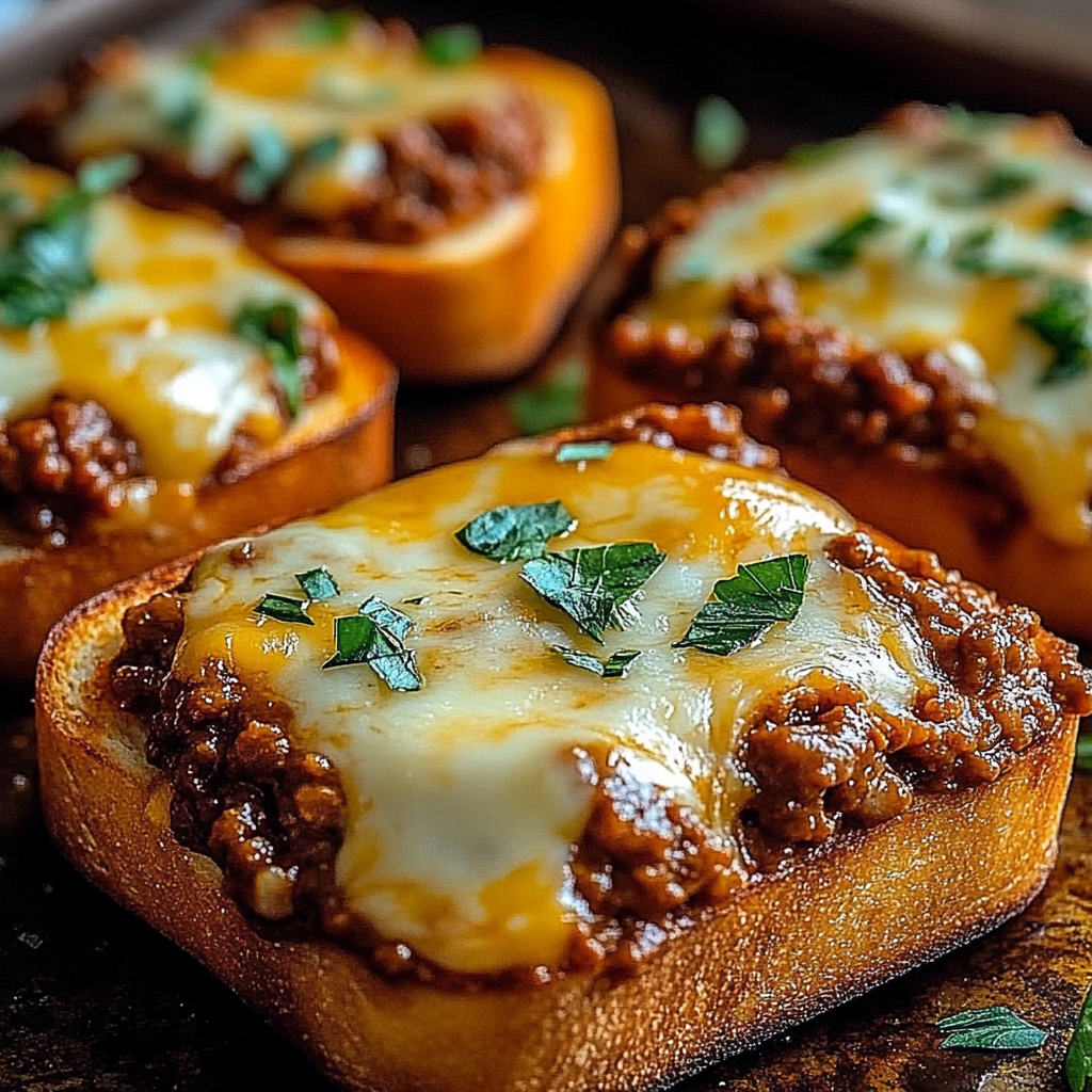 Gooey Cheesy Sloppy Joe Toast with Garlic Bread and Cheddar