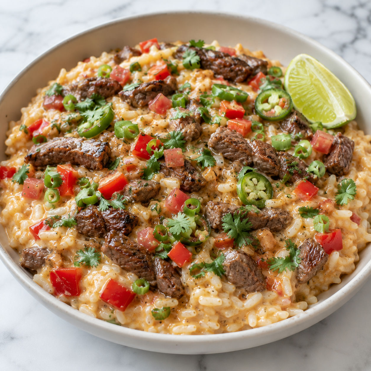 Cheesy steak queso rice with peppers, scallions, cilantro, and lime