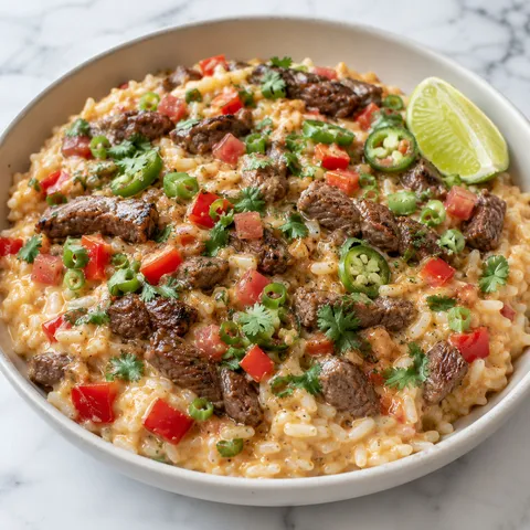Cheesy steak queso rice with peppers, scallions, cilantro, and lime