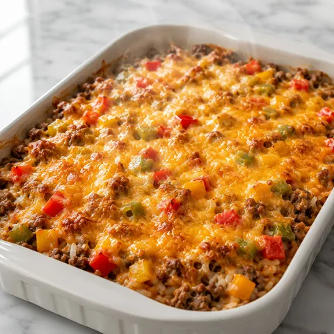Cheesy stuffed pepper beef casserole with bubbling golden cheddar and colorful bell peppers in a baking dish