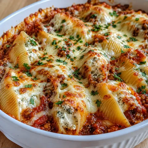 Cheesy stuffed shells baked with meat sauce and melted mozzarella