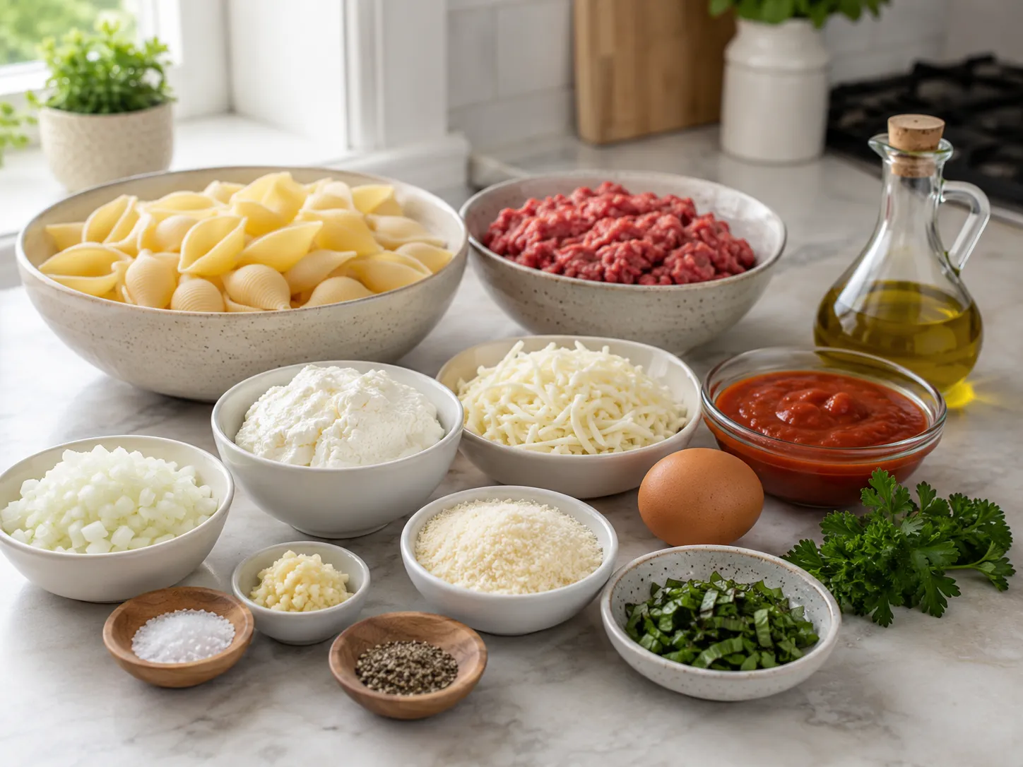Ingredients for cheesy stuffed shells with ricotta, beef, pasta, and sauce
