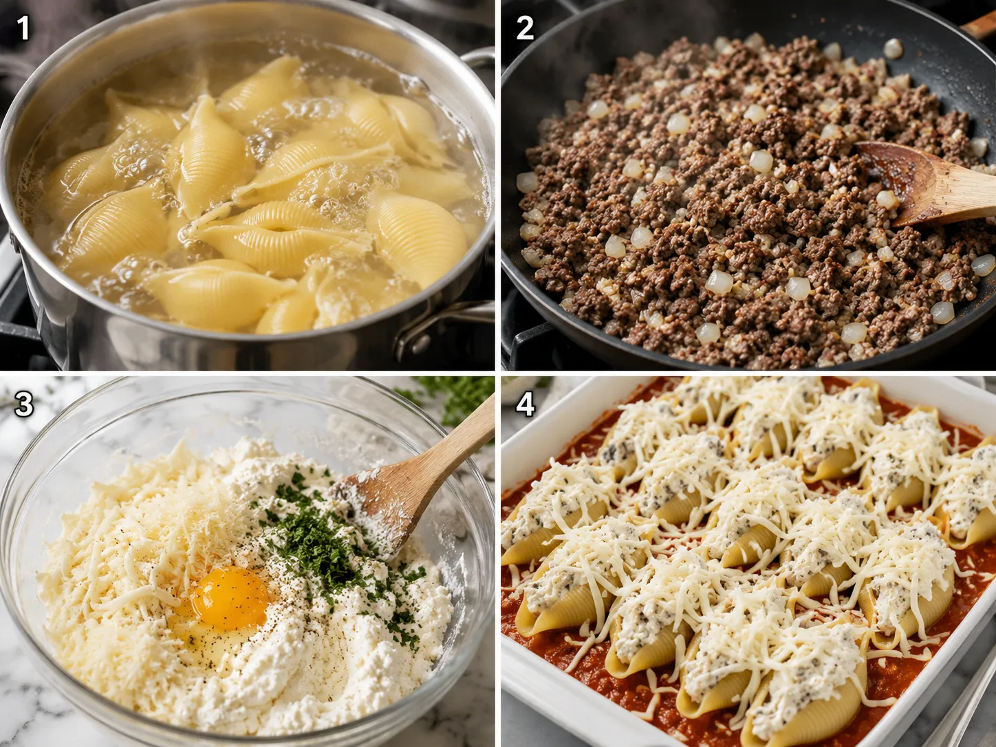 Four cooking steps for cheesy stuffed shells from boiling to filling
