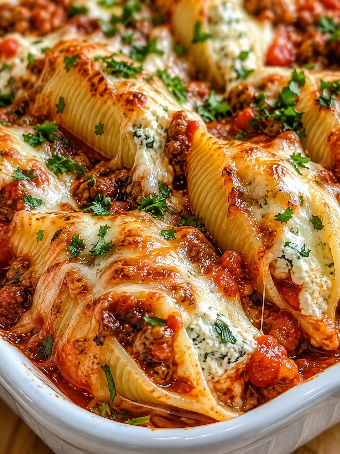 Cheesy stuffed shells with browned mozzarella and parsley in red sauce