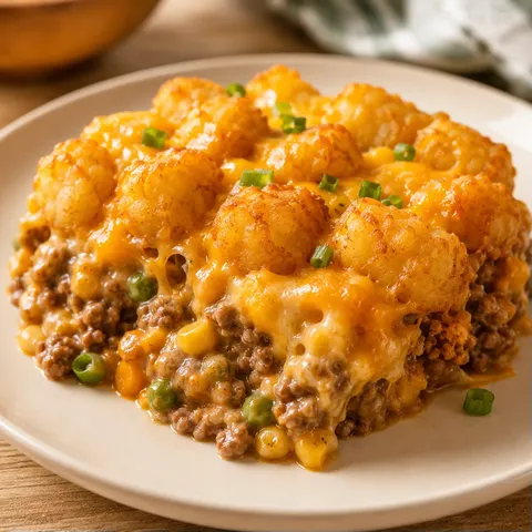 Cheesy tater tot casserole with golden tots and melted cheddar