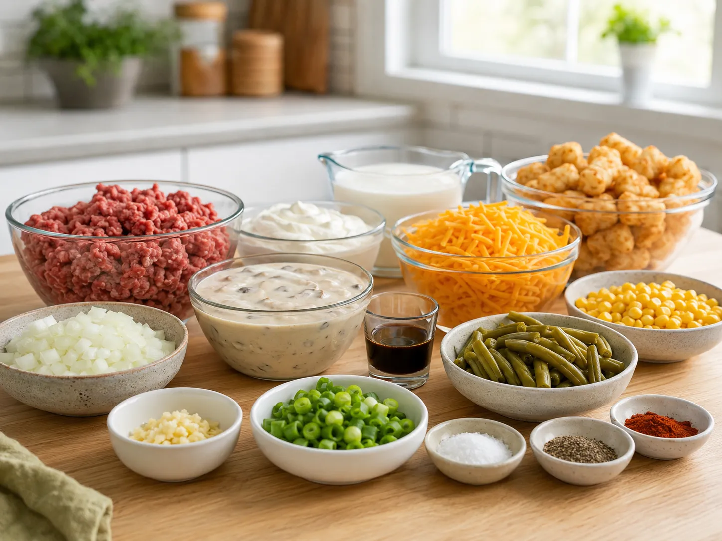 Ingredients for cheesy tater tot casserole with beef, cheddar, vegetables, and tots