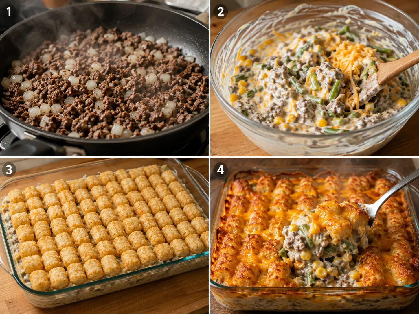 Four steps for making cheesy tater tot casserole from beef filling to baked topping