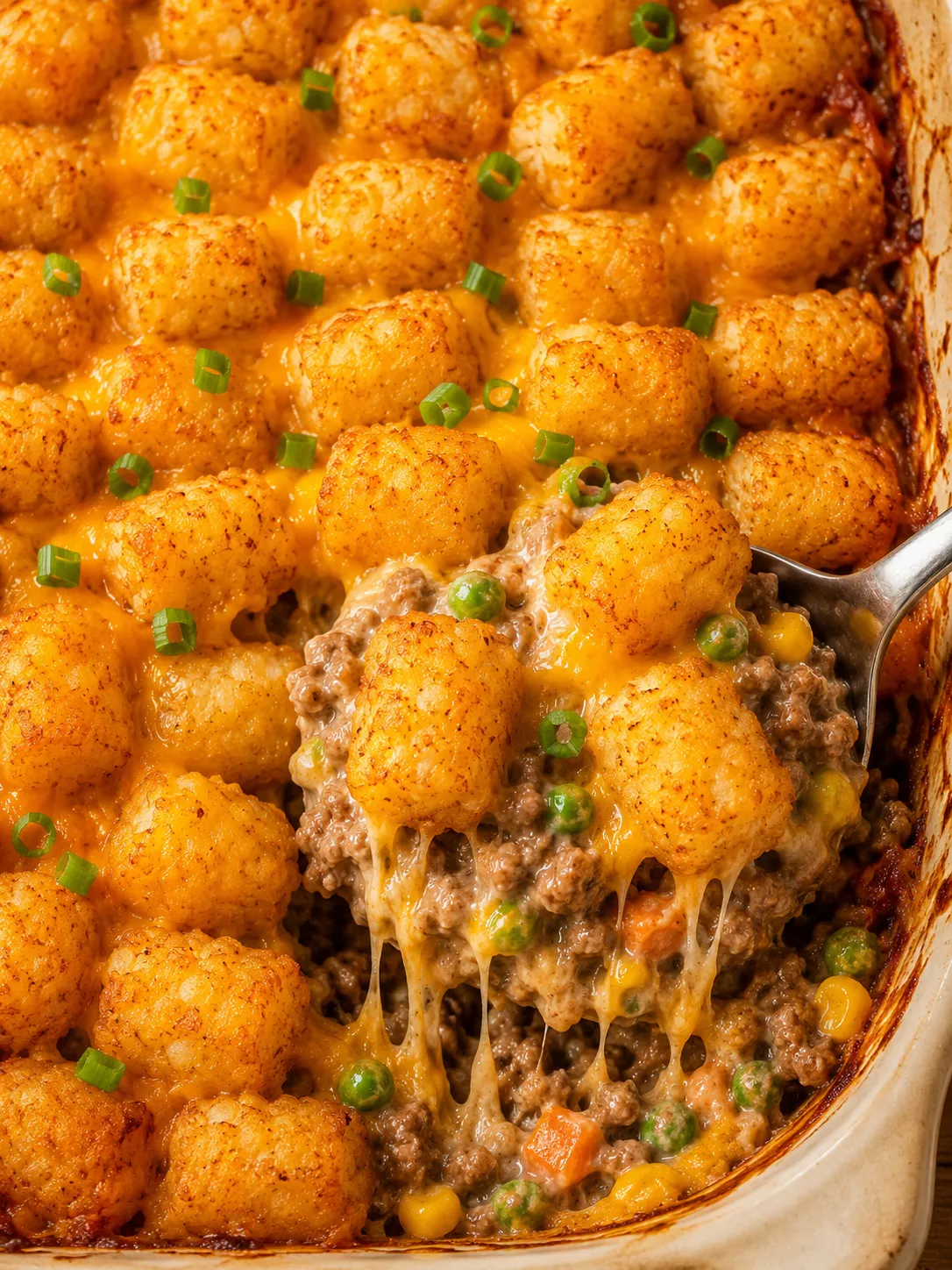 Cheesy tater tot casserole in a baking dish with a spoonful lifted