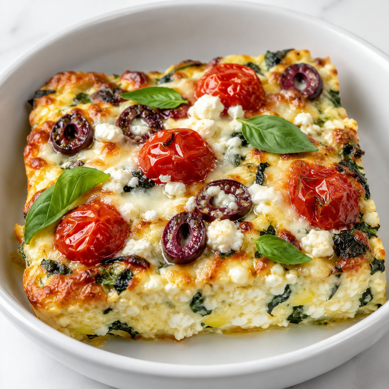 Cheesy tomato cottage bake with basil, feta, olives, and melted mozzarella