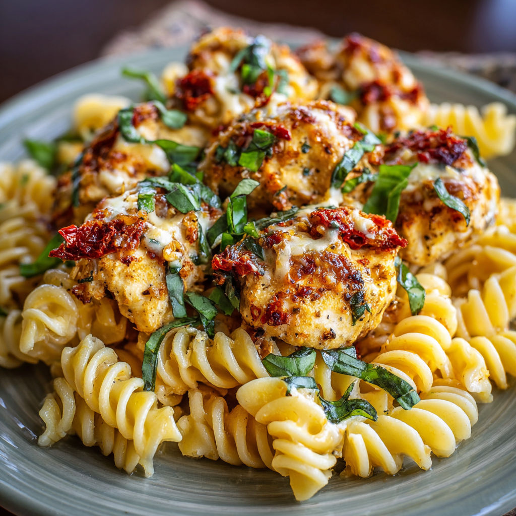 Cheesy Tuscan Chicken with Sun-Dried Tomato Rotini and Spinach