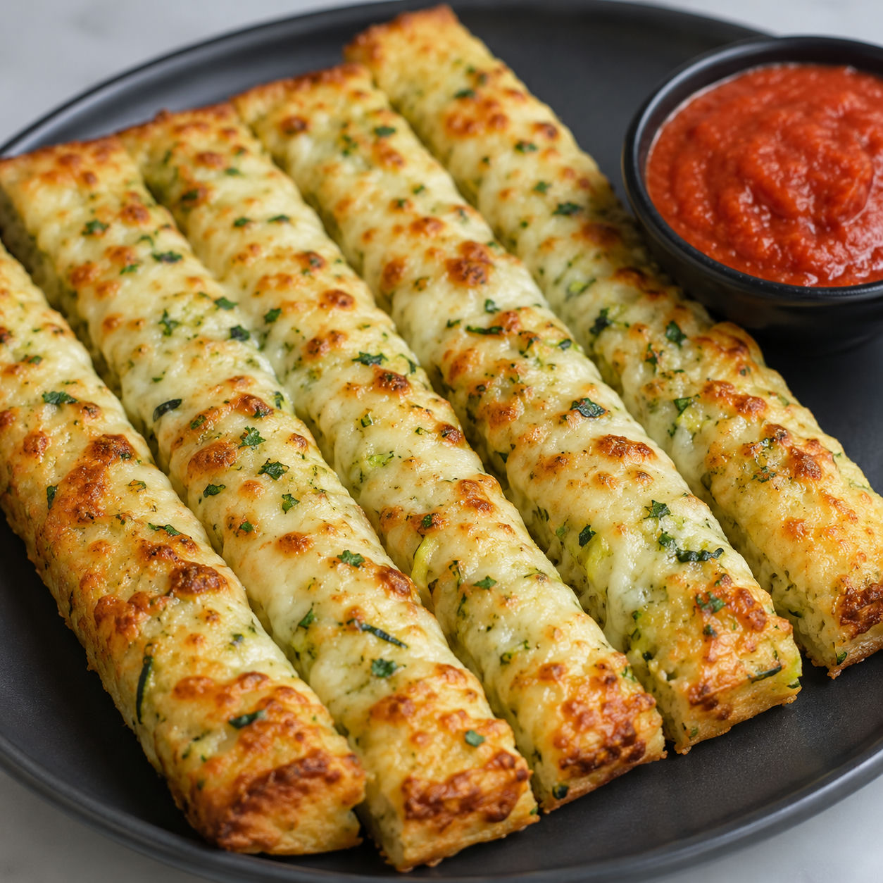 Cheesy zucchini breadsticks with parsley and marinara dip