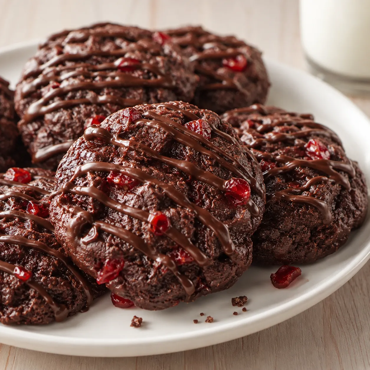 Cherry chocolate chewy cookies with chocolate chips on a white plate