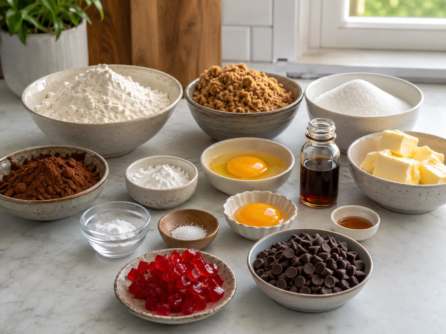 Ingredients for cherry chocolate chewy cookies on a kitchen counter