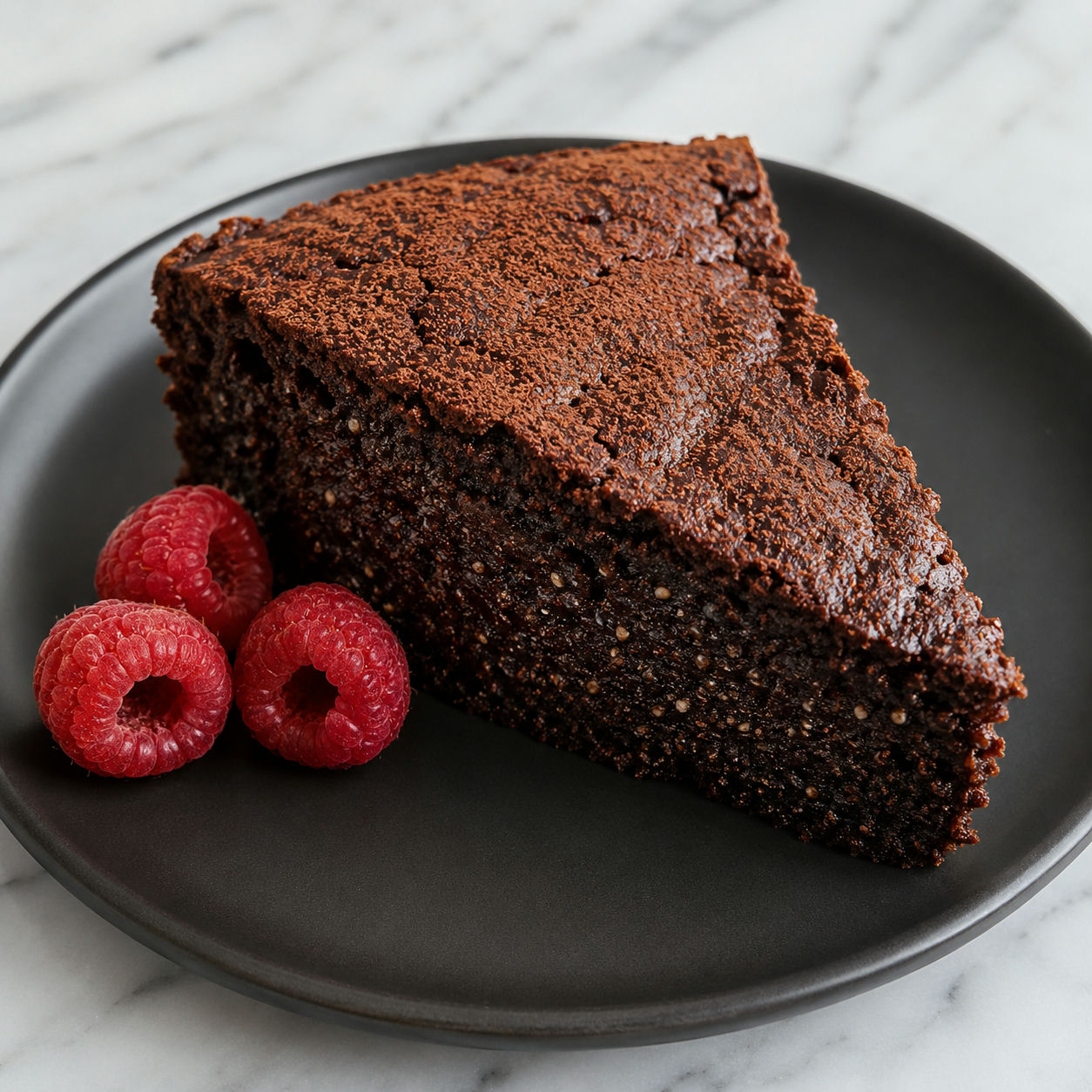 Fudgy chia seed chocolate cake slice with cocoa and raspberries