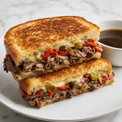 Chicago Italian beef grilled cheese with provolone and jus