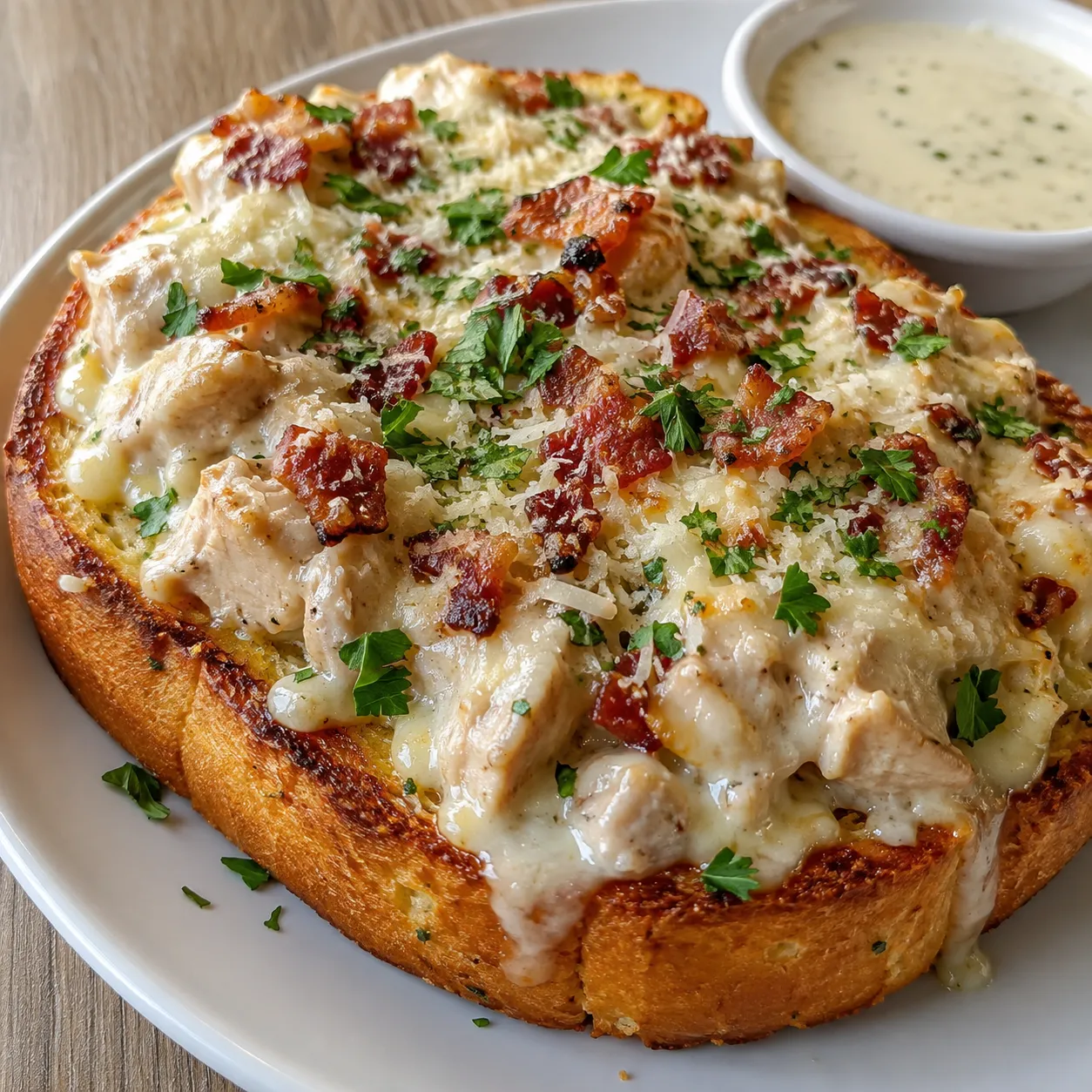 Chicken Alfredo Texas Toast with melted cheese, bacon, and parsley