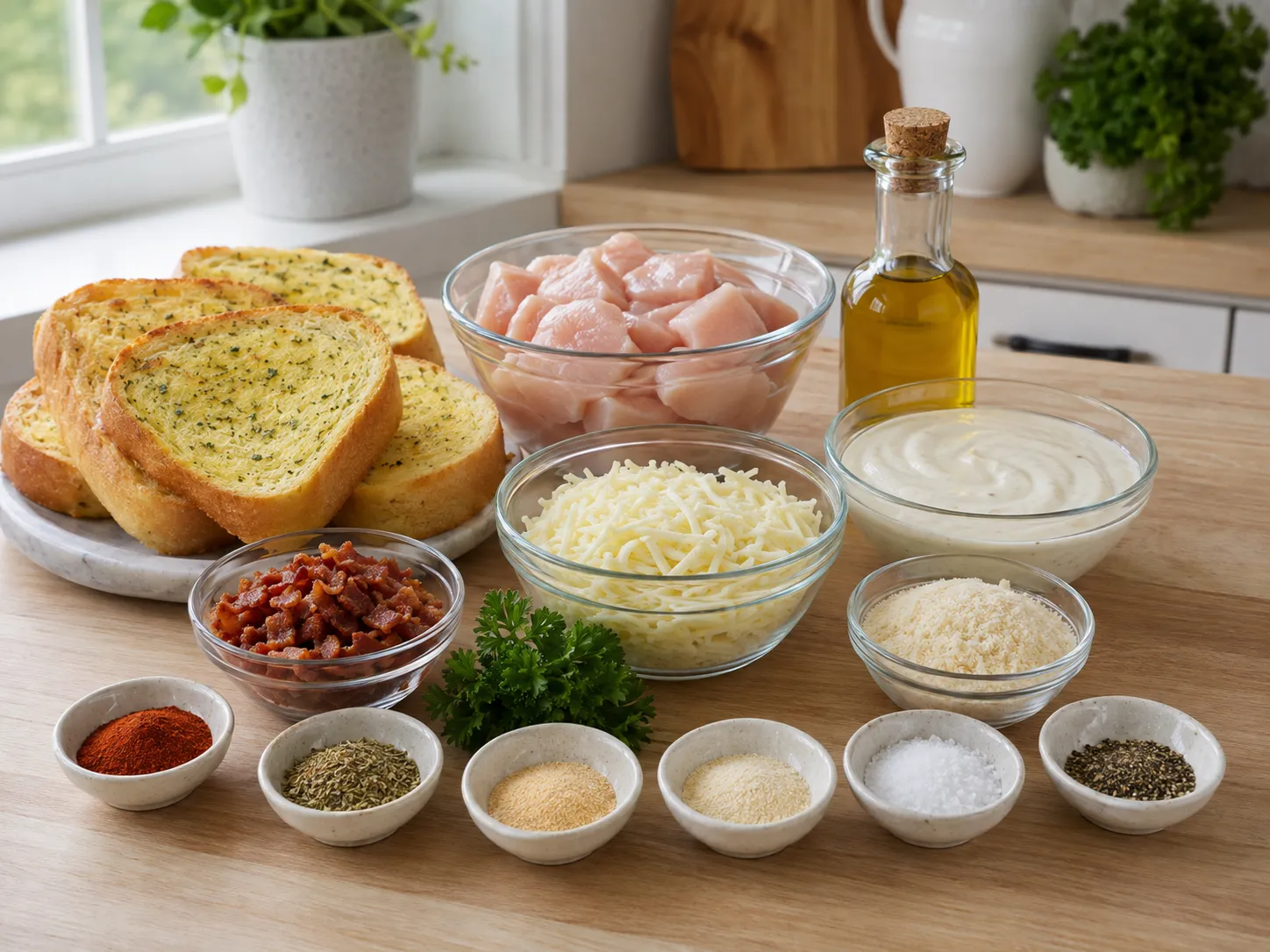 Ingredients for Chicken Alfredo Texas Toast on a light wood surface