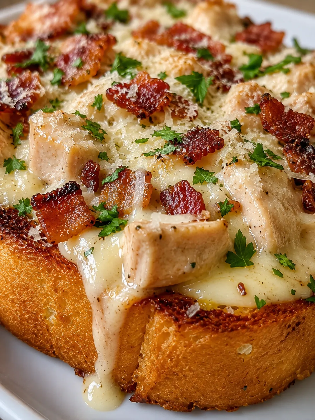 Loaded Chicken Alfredo Texas Toast with bacon, parsley, and melted cheese