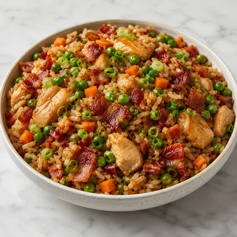 Chicken and bacon fried rice with peas, carrots, and green onions in a shallow ceramic bowl