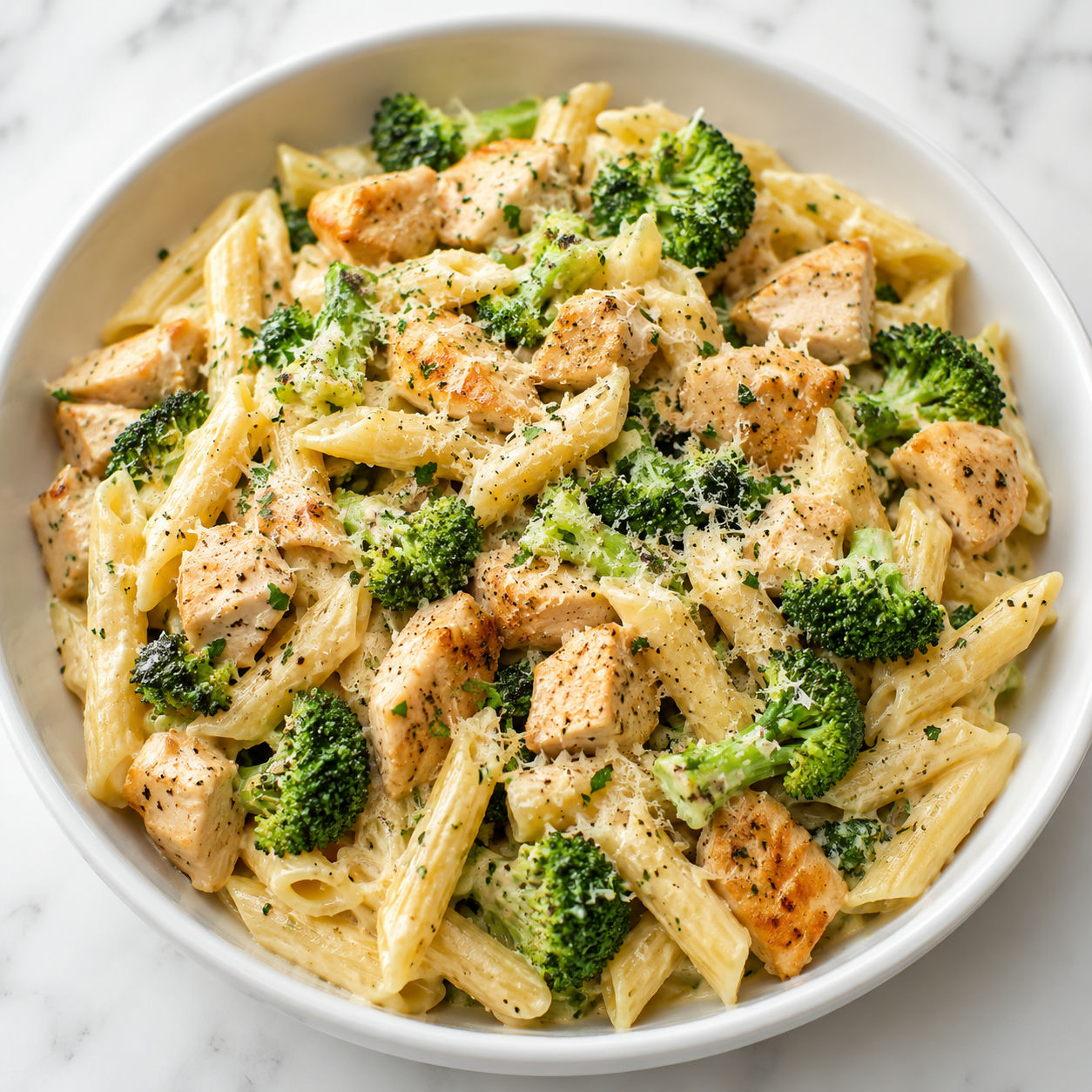 Chicken and broccoli pasta with parmesan and parsley in a white bowl
