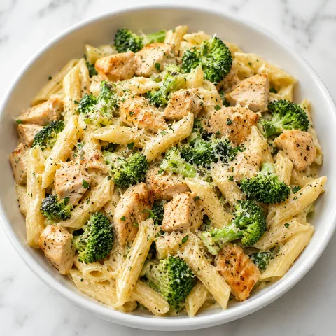 Chicken and broccoli pasta with parmesan and parsley in a white bowl