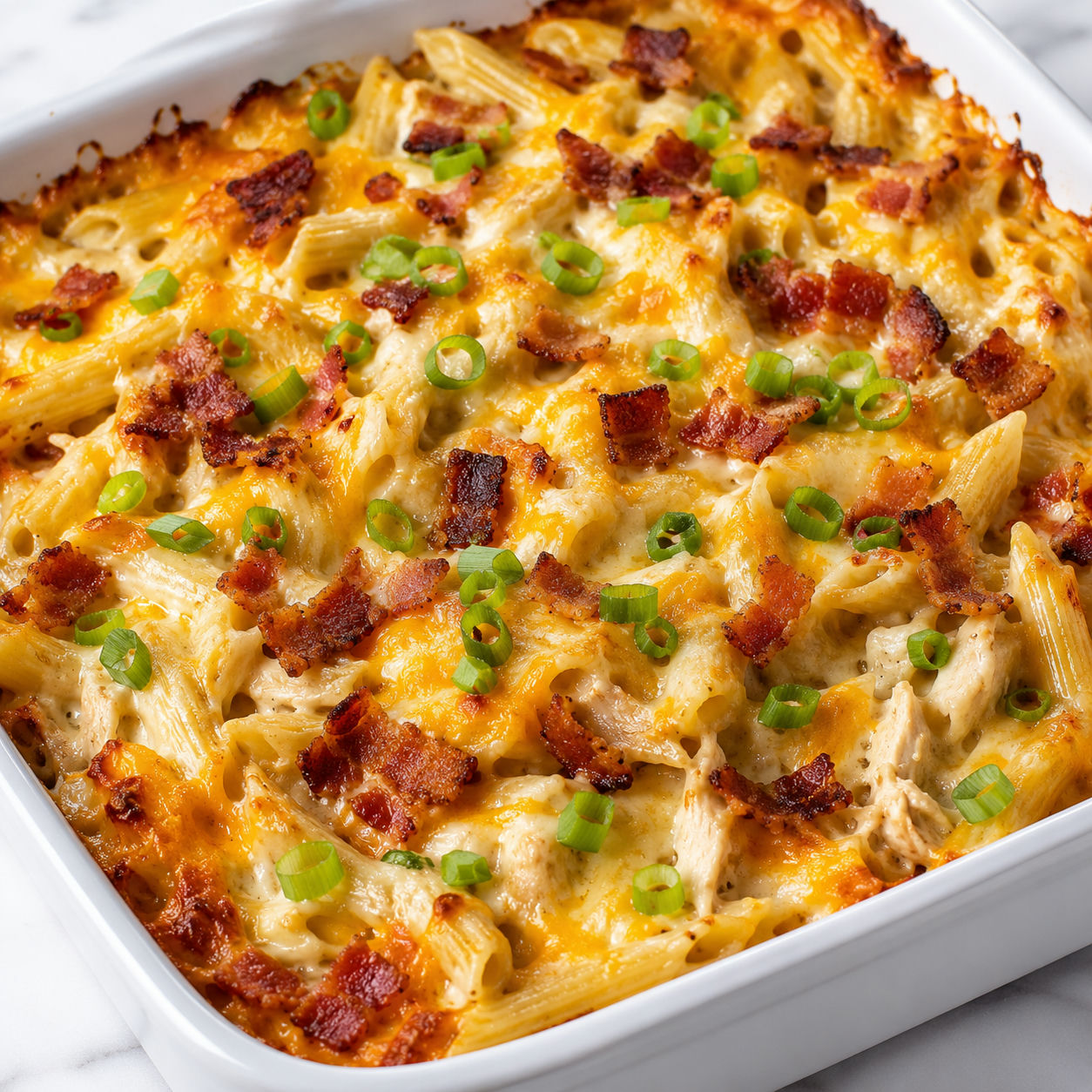 Chicken bacon ranch casserole with cheddar, bacon, and green onions