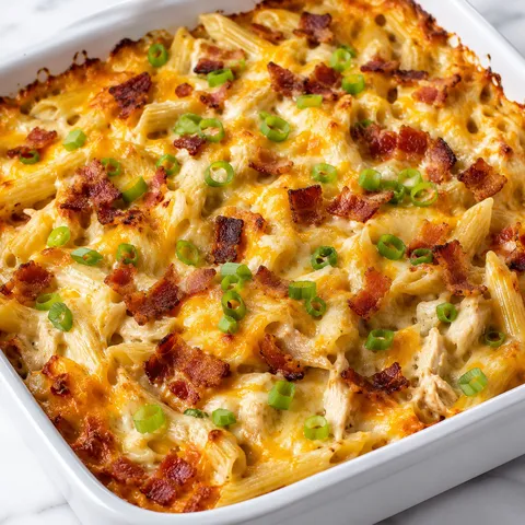 Chicken bacon ranch casserole with cheddar, bacon, and green onions