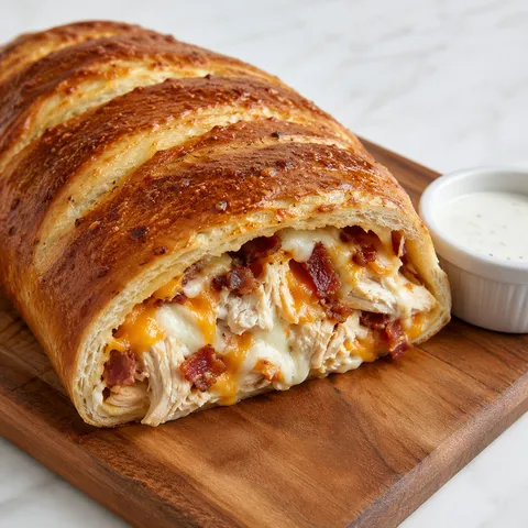 Sliced chicken bacon ranch stromboli on a wooden cutting board with ranch dipping sauce