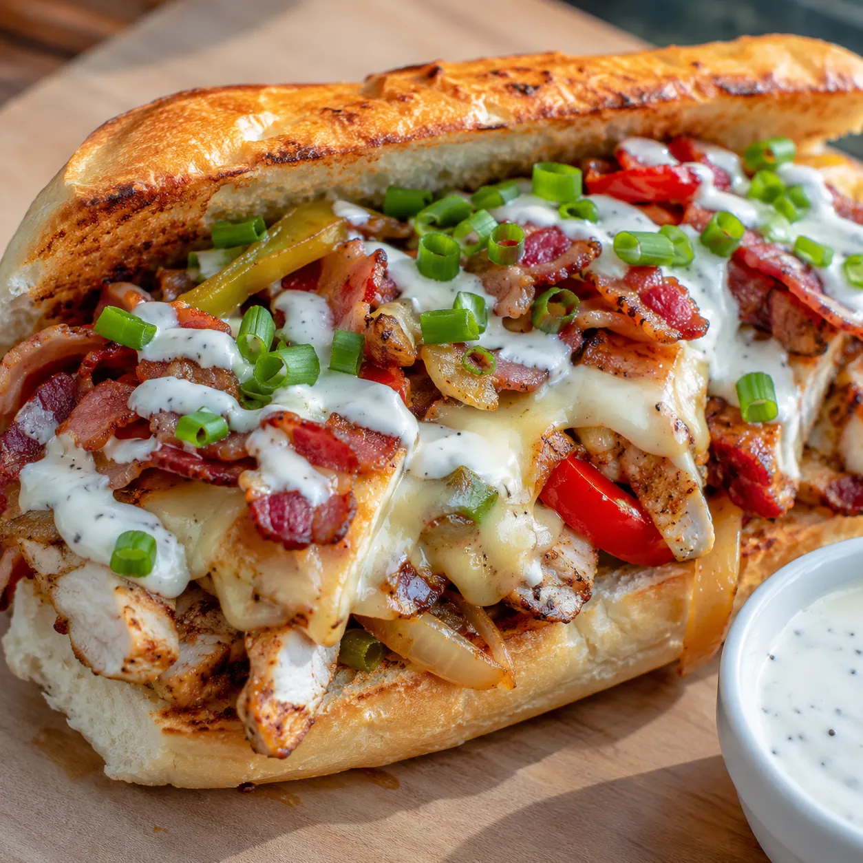 Chicken bacon ranch sub with melted cheese, peppers, and crispy bacon
