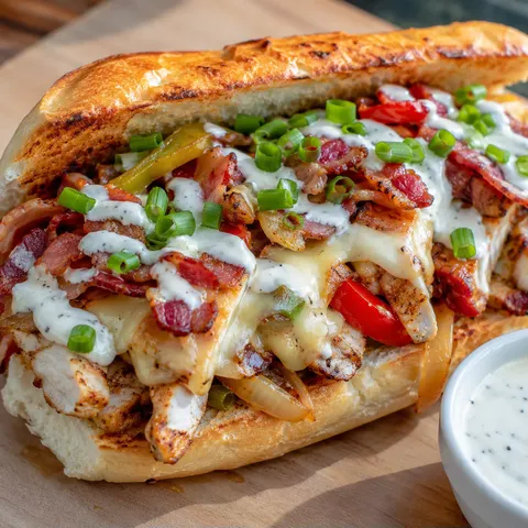 Chicken bacon ranch sub with melted cheese, peppers, and crispy bacon