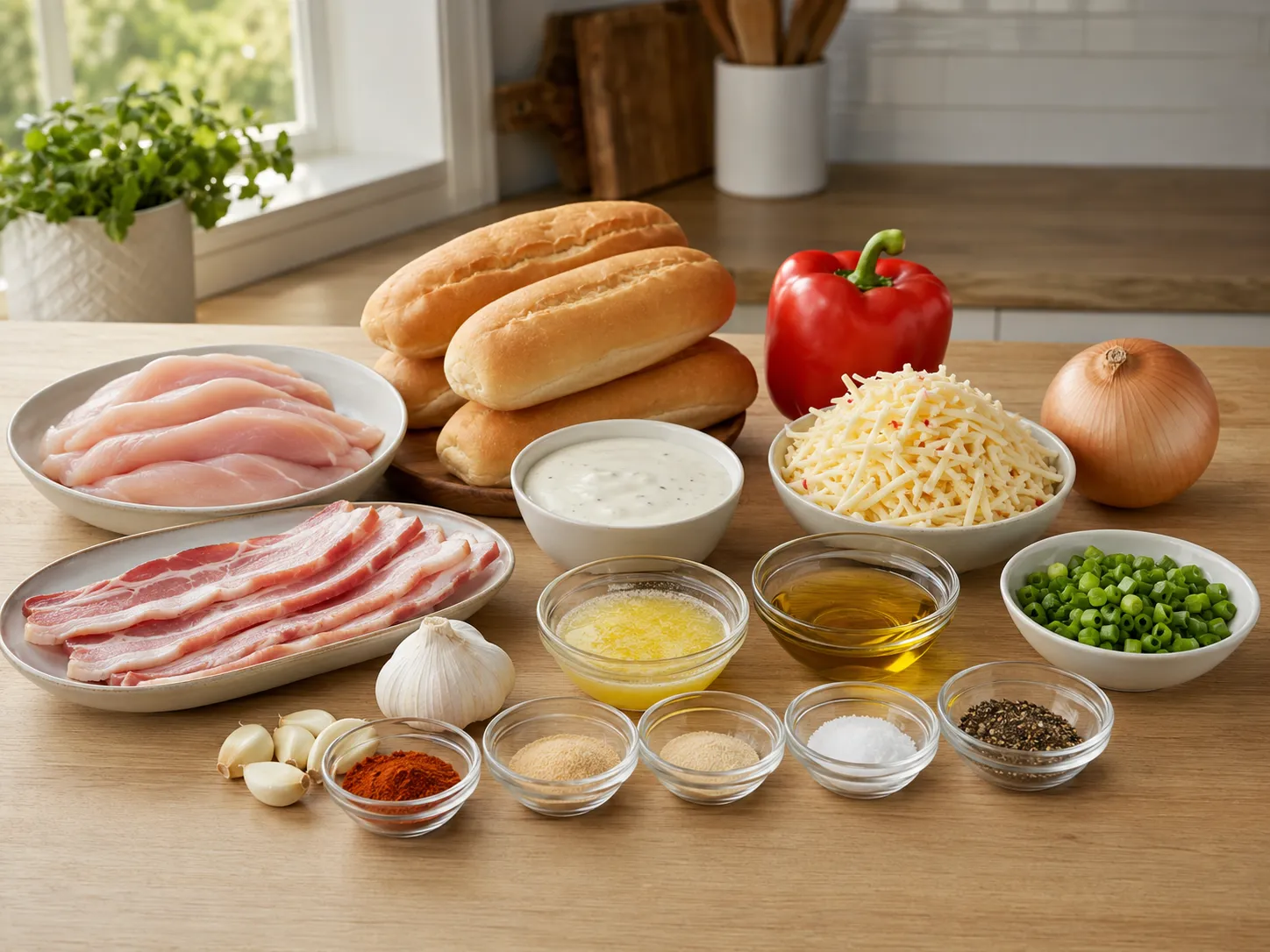 Ingredients for chicken bacon ranch subs with rolls, bacon, cheese, and peppers
