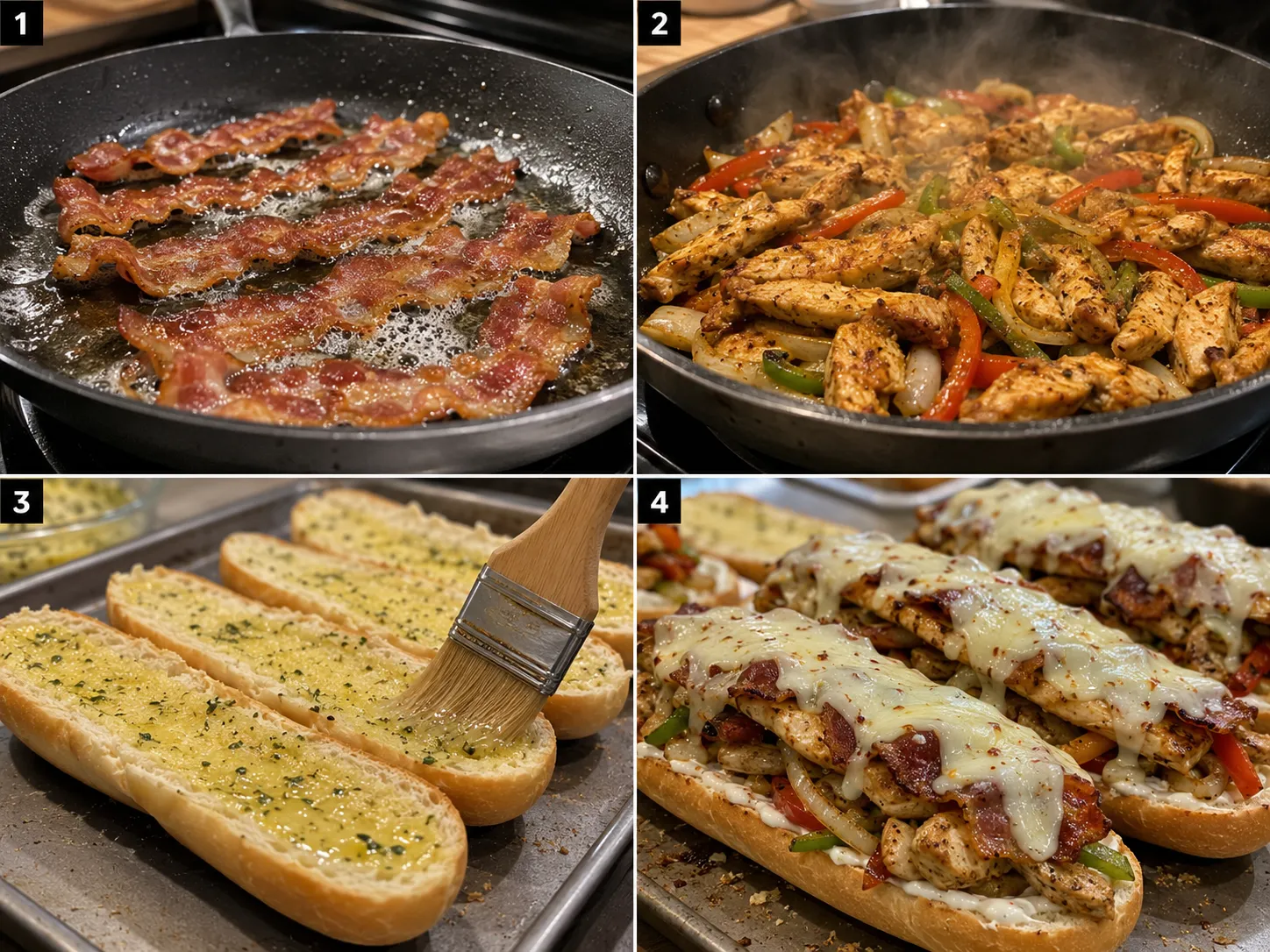 Four steps for making chicken bacon ranch subs from bacon to melted cheese