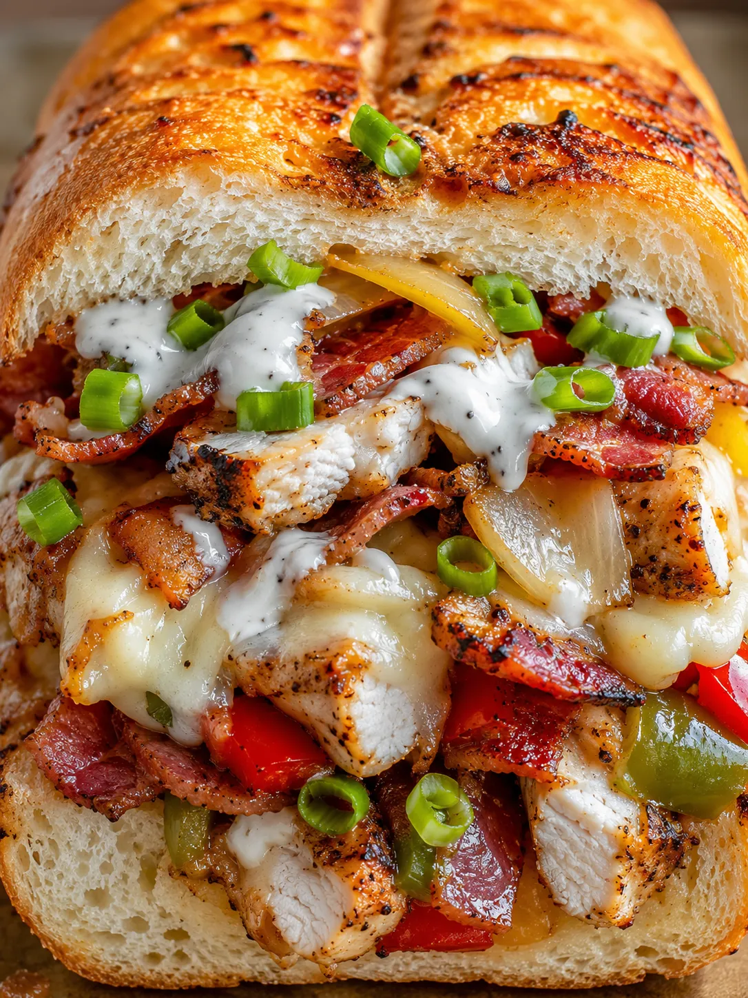 Hot chicken bacon ranch sub with melted cheese and ranch drizzle