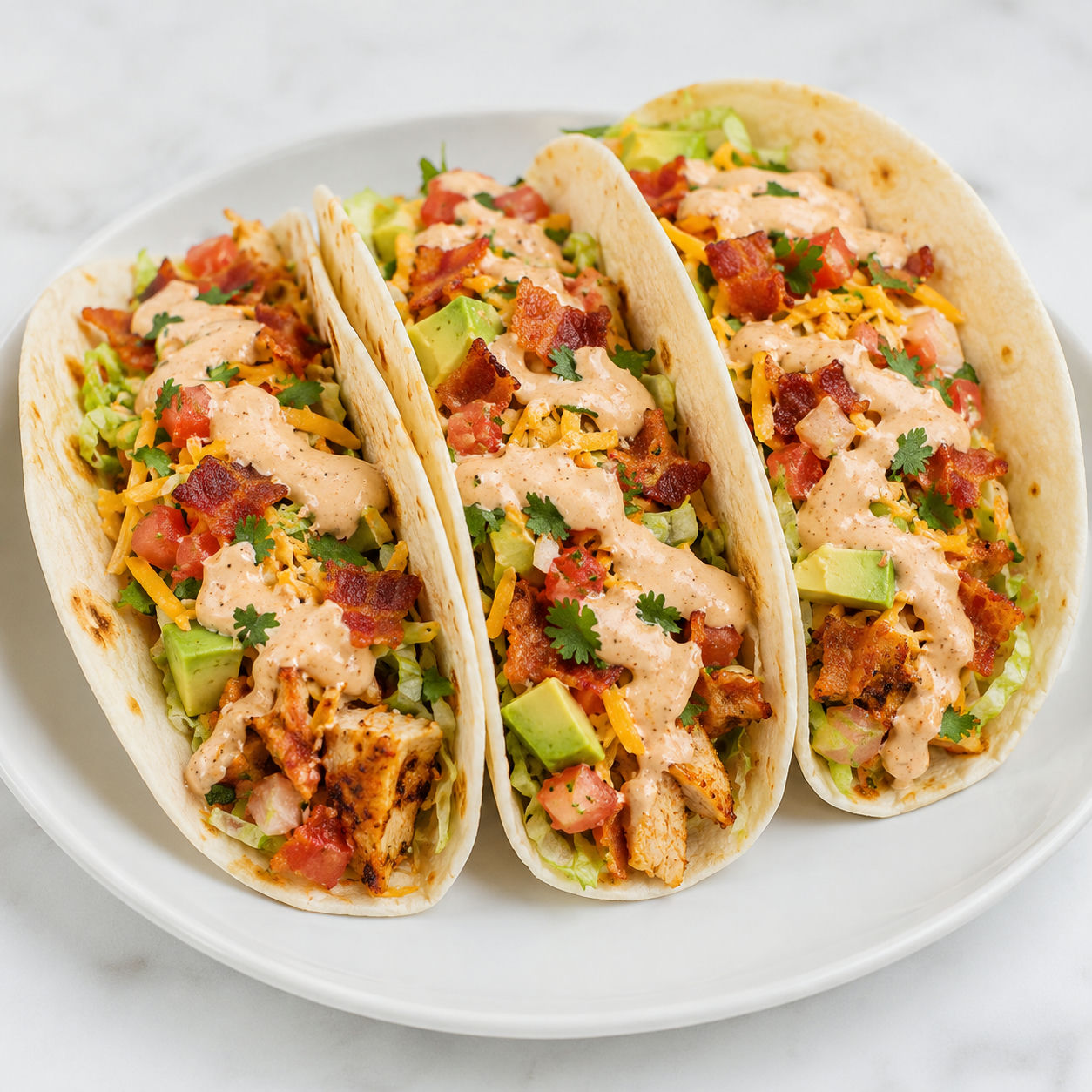 Chicken bacon ranch tacos with chipotle ranch, bacon, lettuce, and avocado