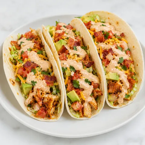Chicken bacon ranch tacos with chipotle ranch, bacon, lettuce, and avocado