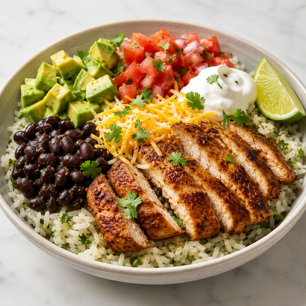 Chicken burrito bowl with rice, black beans, avocado, pico de gallo, and sour cream
