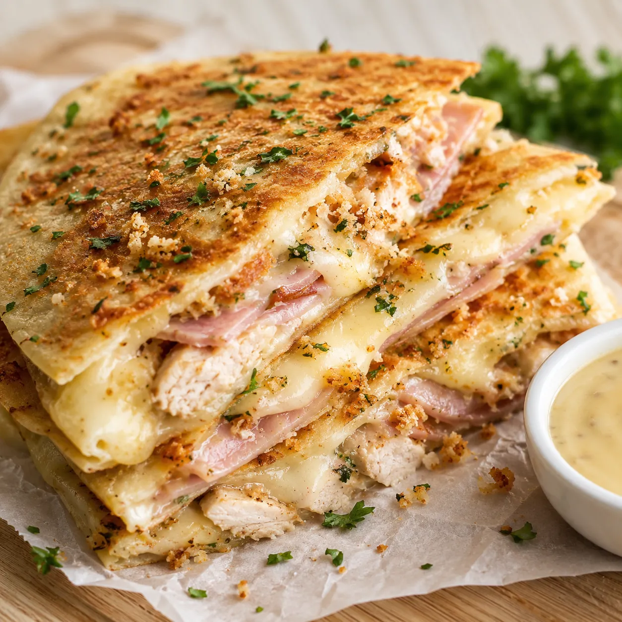 Chicken Cordon Bleu Quesadilla wedges with ham, chicken, Swiss, and Dijon sauce