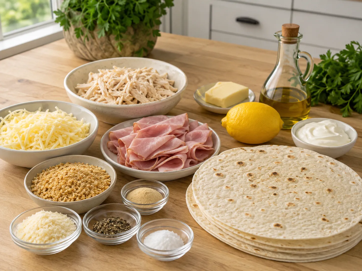 Ingredients for Chicken Cordon Bleu Quesadillas with chicken, ham, Swiss, and Dijon